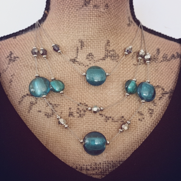 3 Strand Fixed Point Aquamarine & Slate Beaded Silver Statement Necklace - Picture 4 of 8